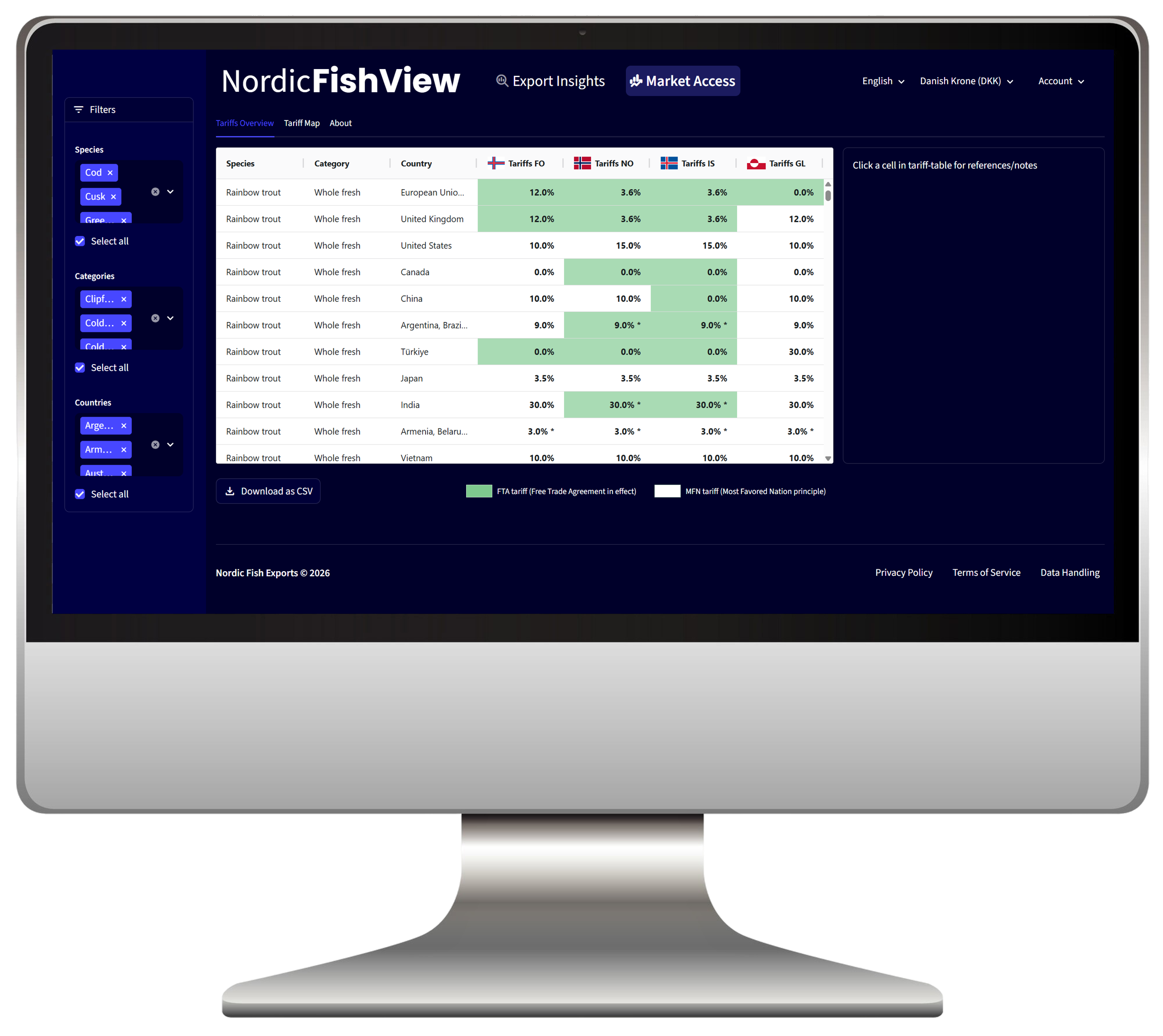 Tariffs overview screenshot